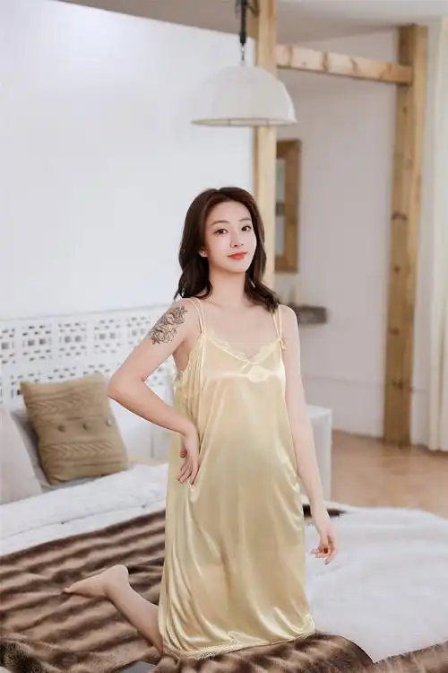 睡衣女夏季性感吊带裙 女士短袖冰丝丝绸后背交叉单件吊带睡裙