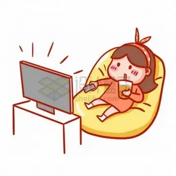 坐在懒人沙发上看电视的卡通女孩宅女表情包png免抠图片素材