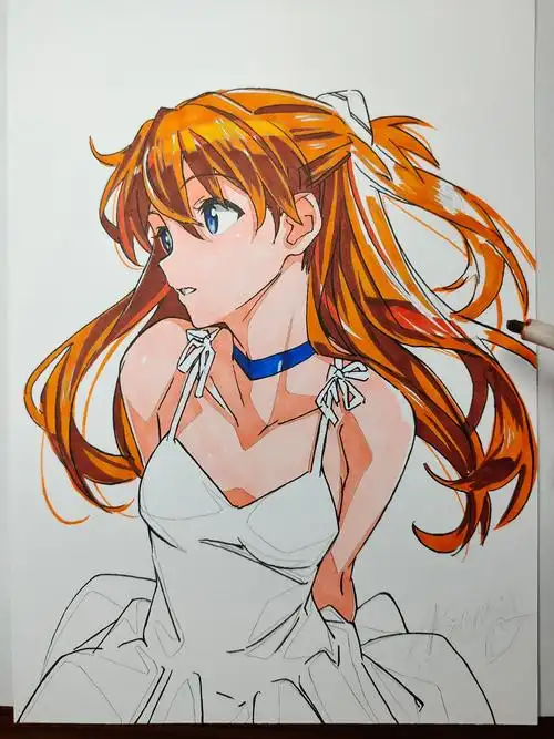 马克笔画 明日香 夏日浅黄裙 想要的戳评论区1楼