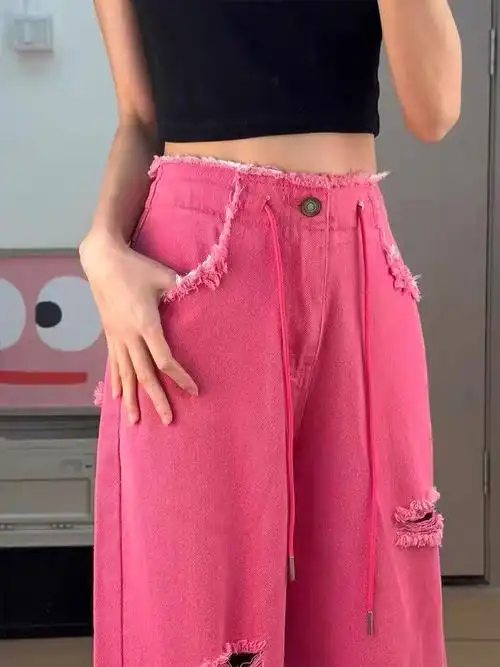 多巴胺粉色裤子女夏季大码设计感破洞涂鸦毛边高腰阔腿拖地牛仔