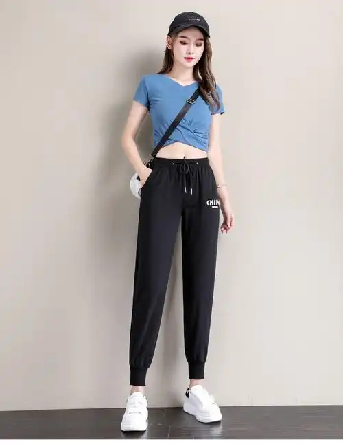 恒源祥夏天女裤显瘦运动裤女宽松束脚21年新款夏季薄款纯棉九分显瘦小