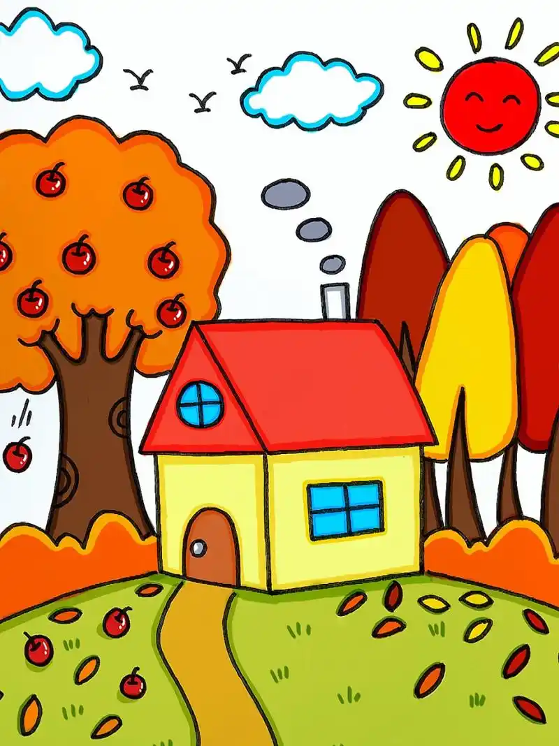 秋天的小房子简笔画 画一幅秋天的小房子吧,这样画简单又好看