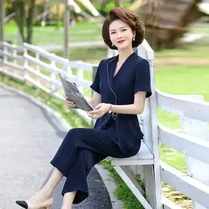 妈妈夏季时尚套装中老年40岁50修身大码短袖t恤上衣休闲两件套女