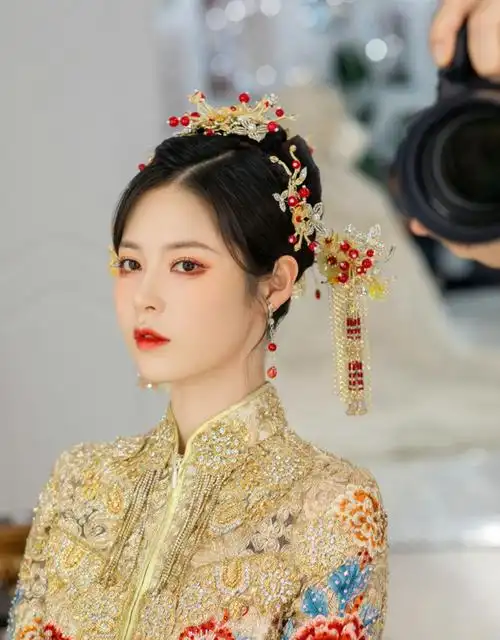 玲枭中式造型秀禾服古装汉服走秀发饰新娘结婚龙凤褂流苏头饰套装