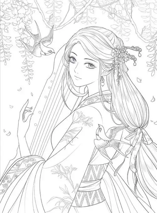 锦绣赋 唯美古风涂色线描集 飞乐鸟 汉服主题涂色书美女人物临摹手绘