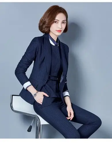 职业套装女2019新款时尚气质修身条纹西装空姐制服前台银行工作服