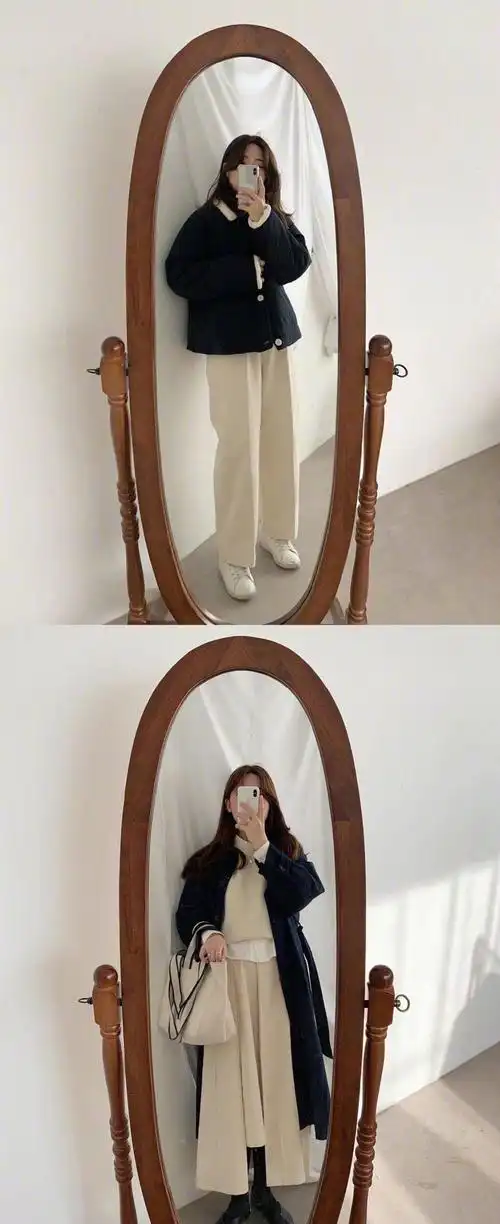 韩国时尚欧尼的每日对镜自拍干净的米白色系和简约款式