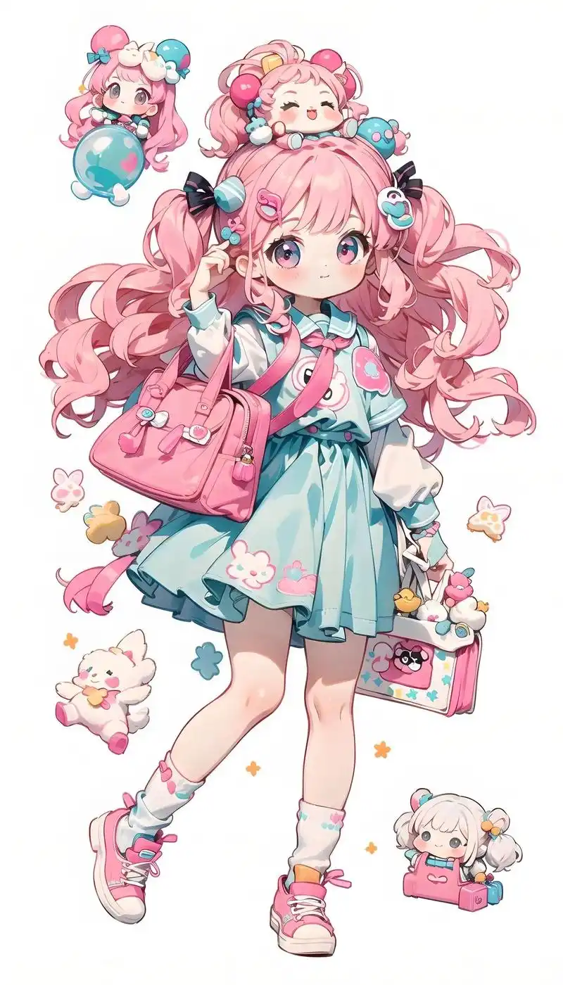 粉色泡泡,泡泡装饰,波浪长发,刘海,粉色书包,粉色糖果,彩色的袜子