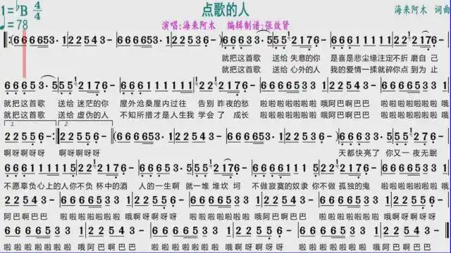 海来阿木演唱《点歌的人》的动态有声简谱