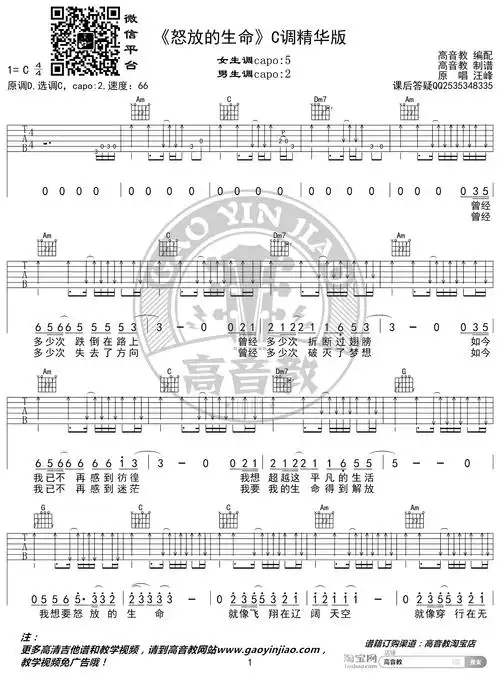 怒放的生命吉他谱 汪峰 c调精华版 高音教编配 猴哥吉他教学1