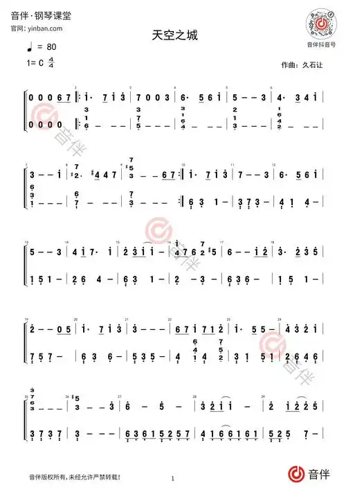 久石让 天空之城钢琴简谱c调简单版 初级练习曲【视频教学讲解】