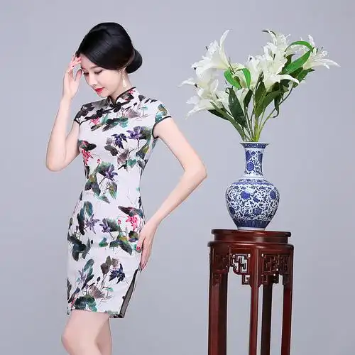 新款女装短款低开衩棉麻旗袍裙 大码显瘦 热销显瘦棉麻旗袍裙