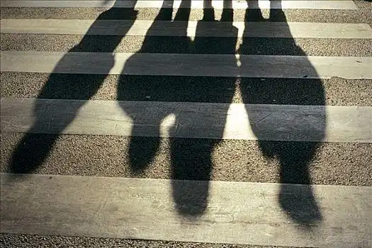 影子,四个人,走,街道,人行横道,日落