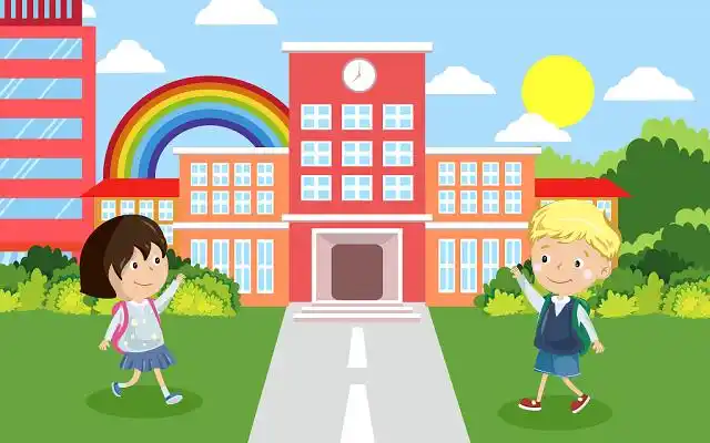 学校卡通教学楼和儿童卡通插画素材