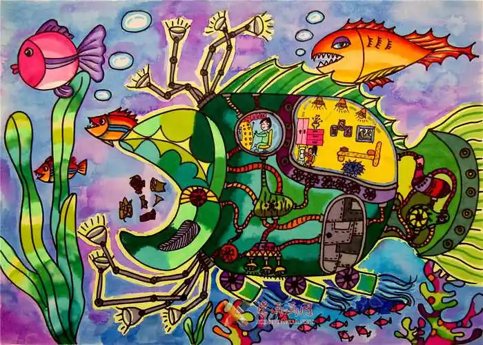 环保小学生环保科幻画海底清洁能源垃圾处理船