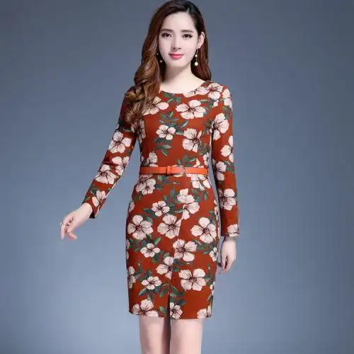 长袖连衣裙2017女秋季装新款韩版修身气质圆领印花开叉包臀一步裙