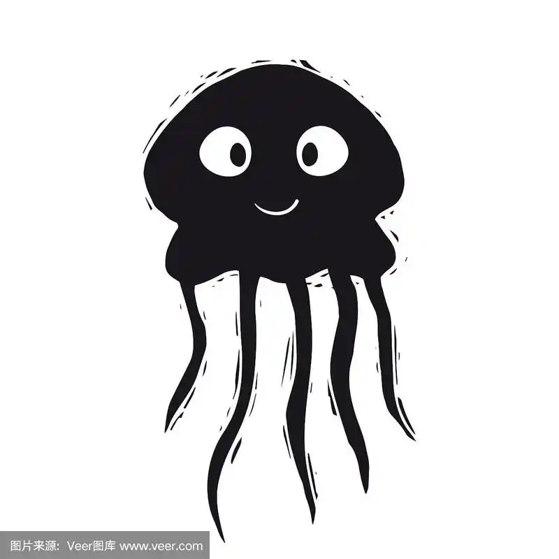 水母宝宝可爱的版画.可爱的海洋动物剪影.