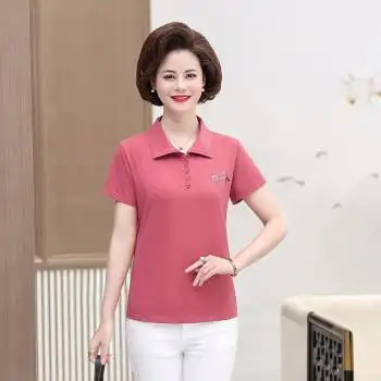 短袖衫妈妈装纯棉t恤中老年女装夏季翻领条纹汗衫中年女士服装皮红xl