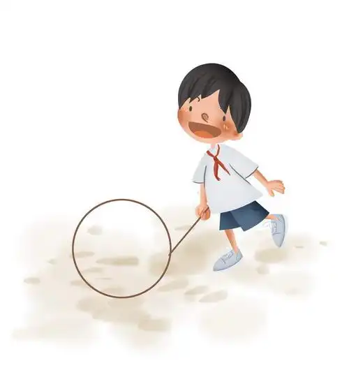 手绘卡通正在玩滚铁环的小孩童年回忆儿童游戏图片免抠素材