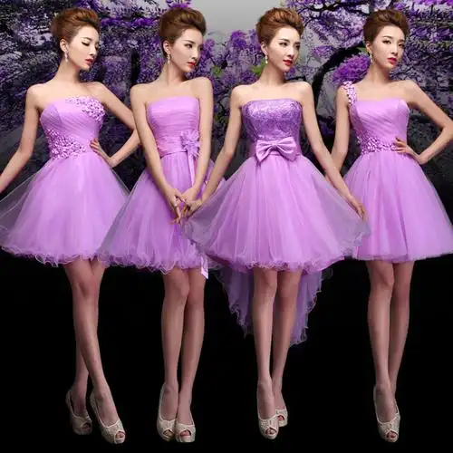 新款紫色伴娘礼服短款新娘伴娘团结婚晚礼服伴娘服小礼服秋冬