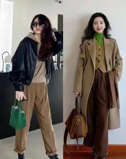 焦糖色毛衣搭配棕色裤子,不仅看起来温暖又显白,还让人感觉温暖.