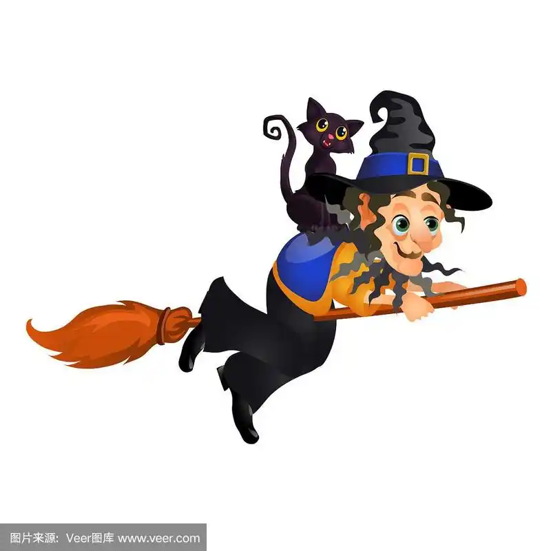 戴着帽子的老巫婆骑着黑色的扫帚飞来飞去