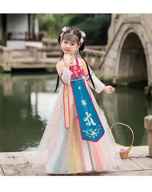 天颛 汉服女童10岁古筝演出服古代公主裙儿童古装古风表演仙女裙唐装