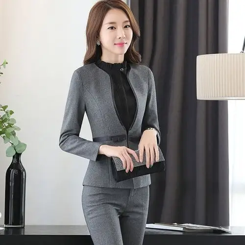 秋冬职业装女装套装套裤修身时尚气质女士正装工作服无领西服套装