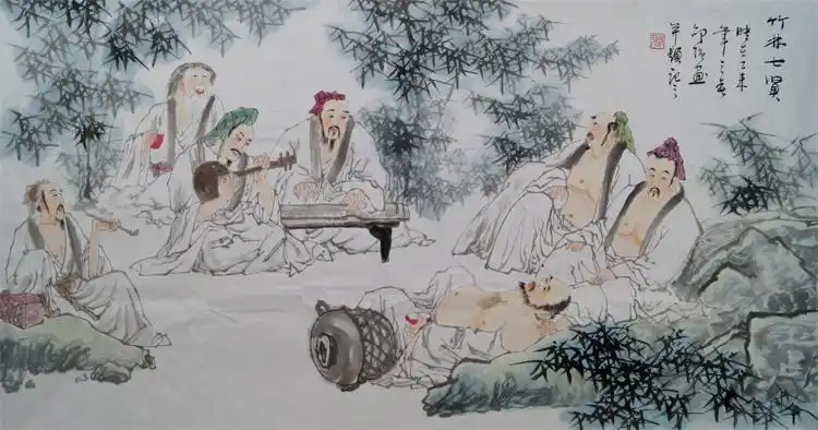 邹强古典人物画国画四尺整纯手绘真迹竹林七贤装饰送礼收藏尚品09