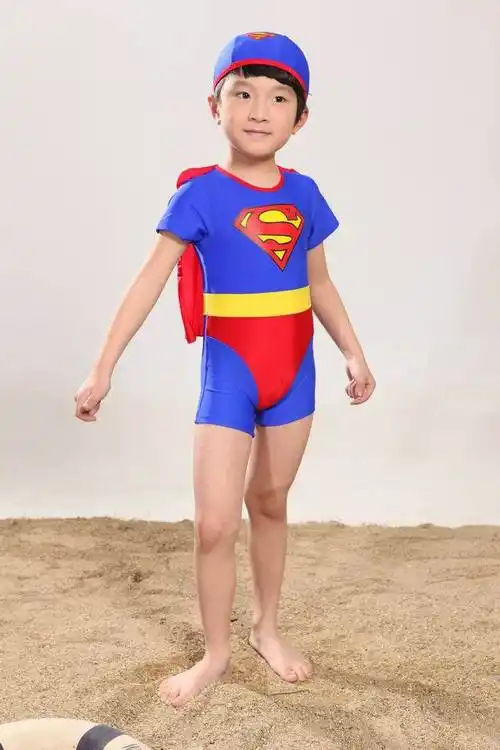 儿童泳装 男孩男童男宝宝 可爱小超人 带帽带披风 连体游泳衣1805