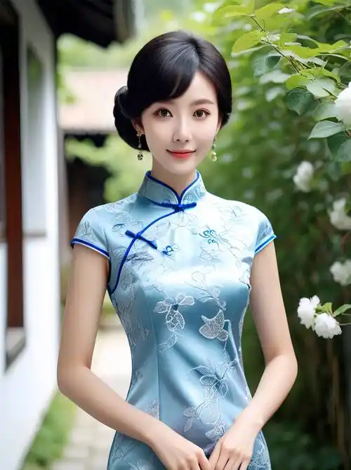 "青花绽放:旗袍女子的温婉"_美人_背景_爬山虎