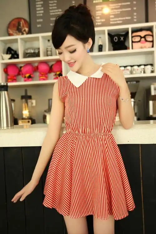 2013夏季新款连衣裙 翻领无袖收腰条纹连衣雪纺短裙 可爱甜美时尚