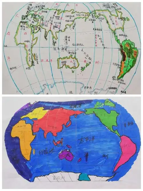 手绘世界地图作为周末作业,让孩子们详细认识世界地形,各大洲大洋分布