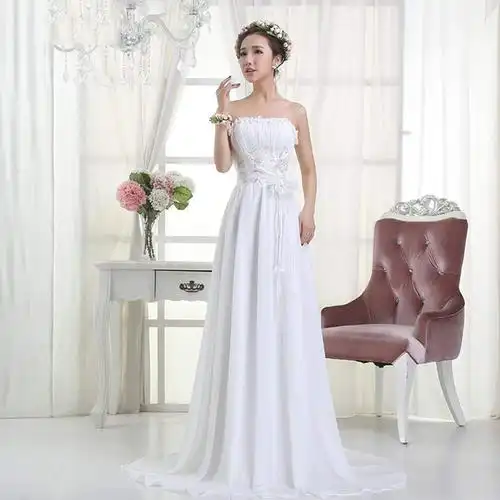 黛米琦 婚纱礼服抹胸绑带长礼服新娘结婚订婚礼服裙白色伴娘服 白色