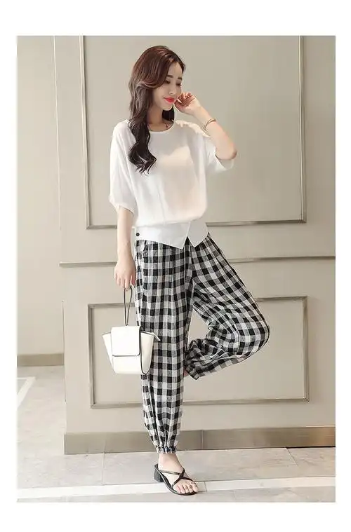 韩版休闲宽松雪纺衫黑白格灯笼裤两件套 货号lwqy3450