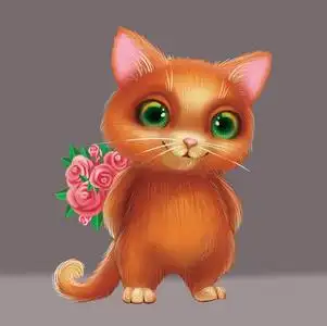 的小猫手捧鲜花作为礼物,因为爱一个人-绿眼手绘卡通动物人物照片