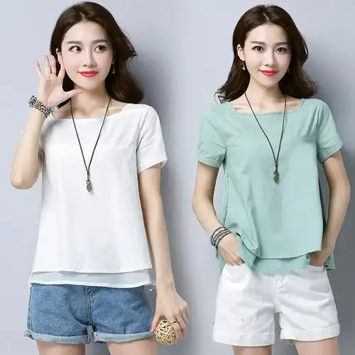 简约纯色棉麻短袖t恤女士宽松大码女装娃娃衫亚麻料上衣主要参数品牌
