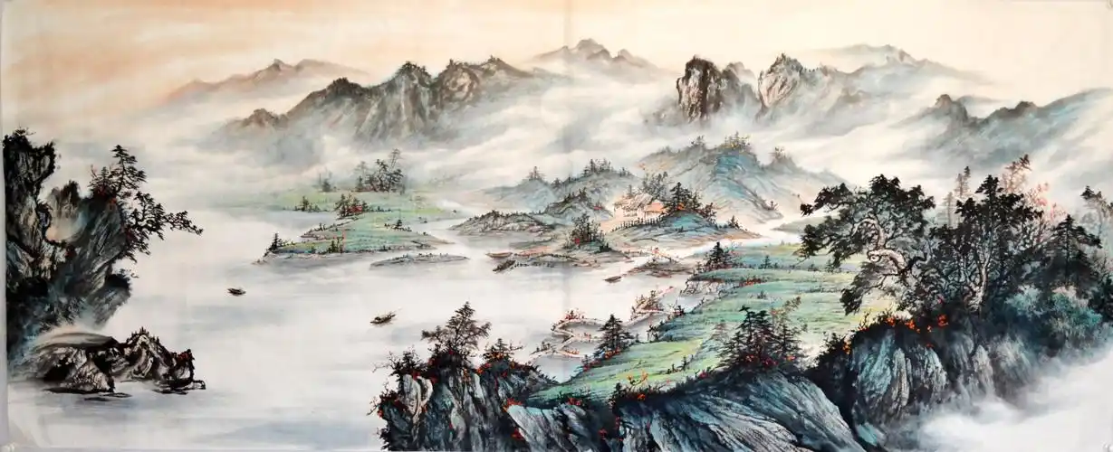 伍格润小八尺中国画山水画大堂无款淡彩手绘字画横幅客厅装饰风景