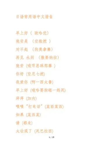 日语常用语中文谐音 早上好( 欧哈优) 晚安是 (空般挖 ) 对不起 (狗美