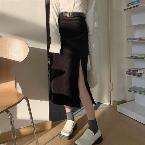 大码灯芯绒前开叉半身裙女秋冬a字包臀裙小个子高腰显瘦中长裙子