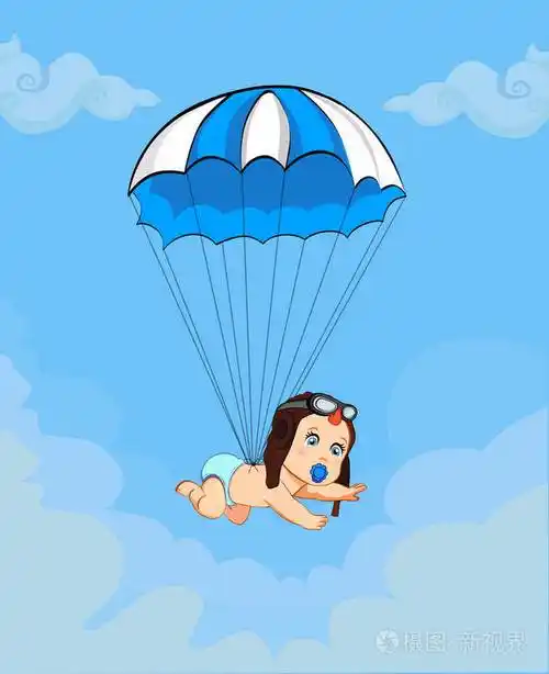 这是一个男孩卡通矢量插图与可爱的婴儿在飞行员帽子下降与蓝色降落伞