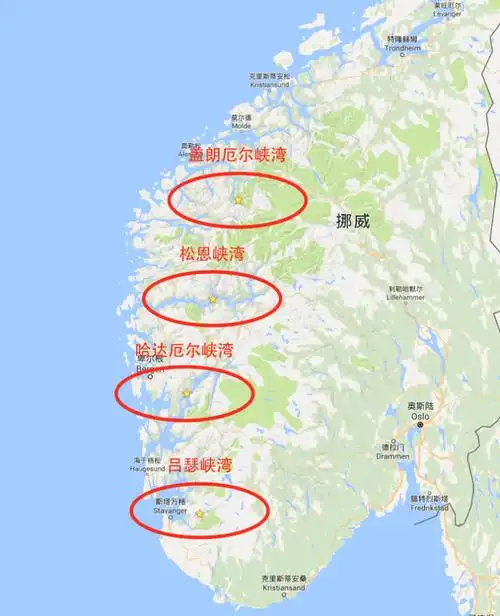 挪威海众多海湾和其漫长的海岸线请点击