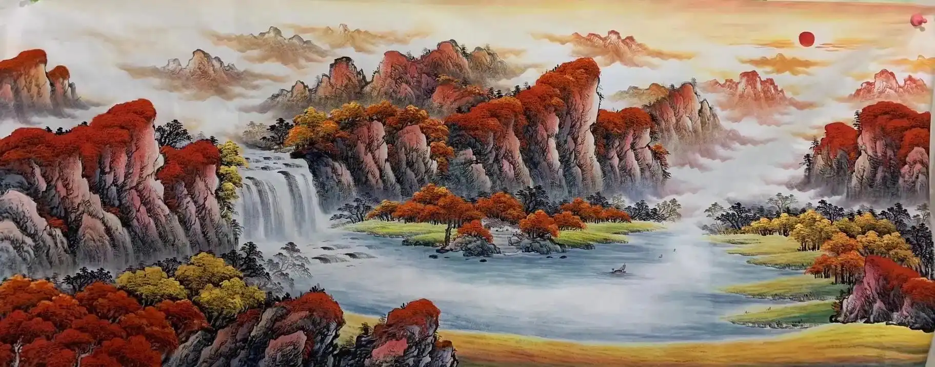 沙发背景手绘山水画鸿运当头23896厘米