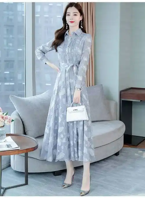 女生雷丝连衣中长裙夏天网纱裙雪纺长袖连衣裙子新款年遮肚温柔风中