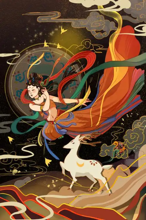 暖色调敦煌飞天九色鹿插画