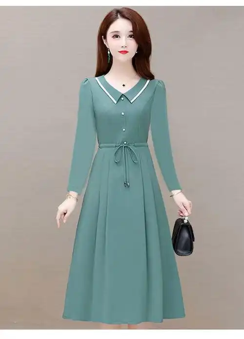 翻领长袖雪纺连衣裙图片-海量高清绿色翻领长袖雪纺连衣裙图片大全