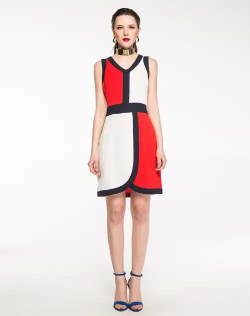 艾莱依eral女装专场 艾莱依eral复古无袖撞色拼接收腰连衣裙