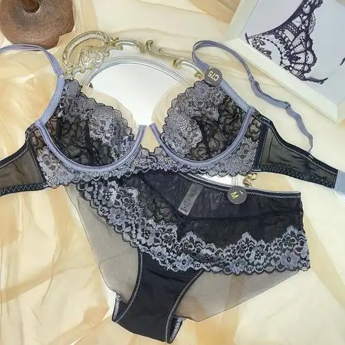 新品水晶杯超薄撞色蕾丝胸罩软钢托防下垂内衣女大胸显小文胸套装