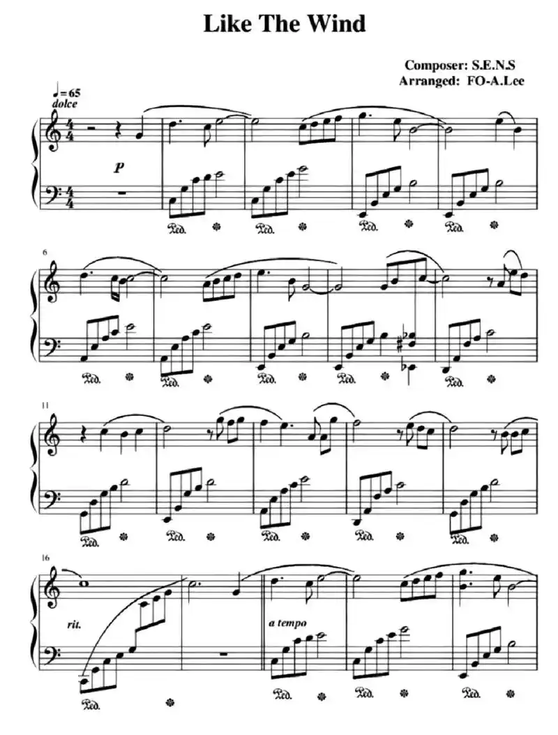 《like the wind》钢琴谱#五线谱 #今天你练琴了 - 抖音