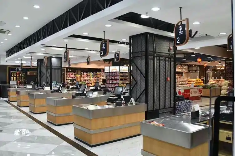 佛山外贸工厂木纹超市收银台收款台不锈钢包边大斜坡